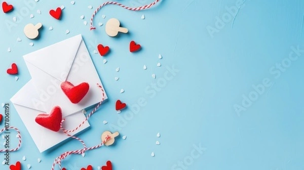 Fototapeta Valentine s Day theme with paper envelopes white paper heart shaped wooden clips on blue background Text space available