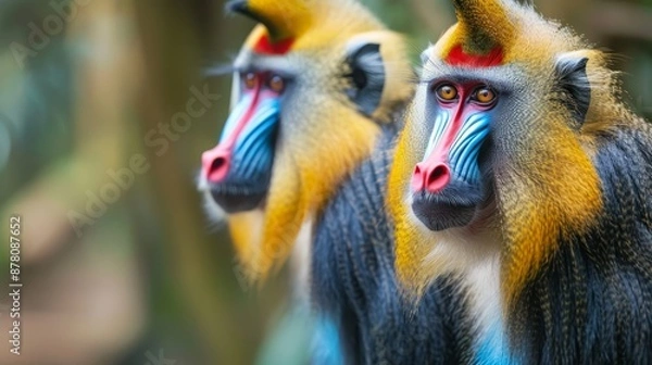 Obraz  A tight shot of two monkeys - one with red, the other with blue facial and body markings Background includes trees