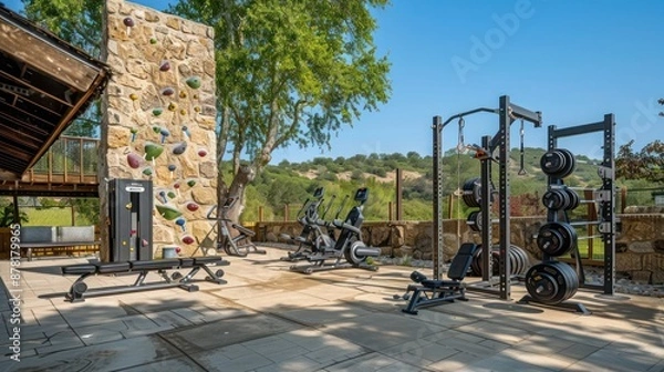 Fototapeta Suburban ranch with a fully equipped outdoor gym, including a climbing wall and various fitness stations