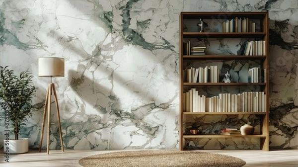 Fototapeta A home bookshelf with a lamp and a rug is located against a marble wall