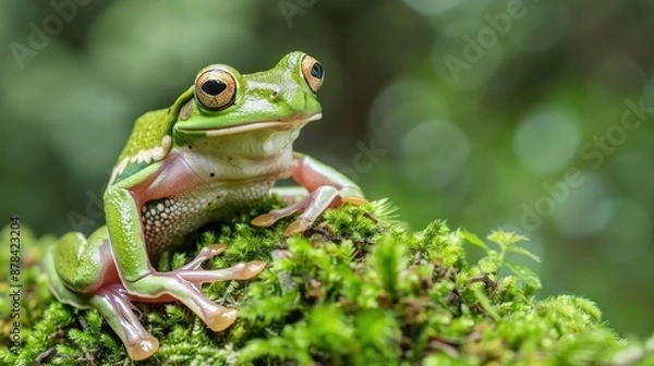 Fototapeta Green Tree Frog Perched on Mossy Branch