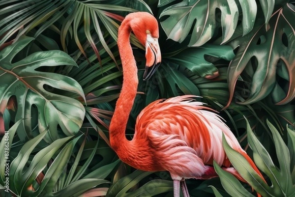 Fototapeta A stunning watercolor pattern with a pink flamingo as the main focus, surrounded by a backdrop of tropical palm leaves. 