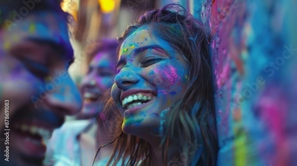 Fototapeta A closeup of a joyous group of friends covered in bright Holi colors