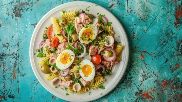 Fototapeta Nicoise salad with tuna pasta eggs potatoes olives red onions and sauce on a white plate French style on rustic turquoise table Top view