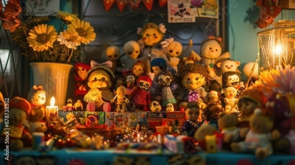 Fototapeta Day of the dead altar with dolls, flowers, and candles in mexico