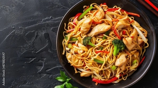 Fototapeta Savory Chicken Chow Mein with Crispy Vegetables 