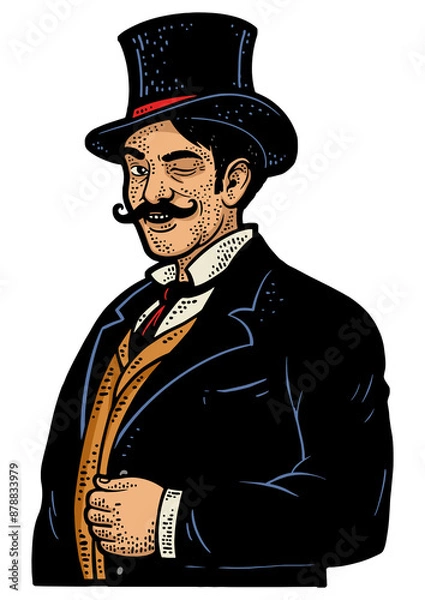 Fototapeta Gentleman winking old fashioned color sketch engraving PNG illustration. T-shirt apparel print design. Scratch board imitation. Black and white hand drawn image.