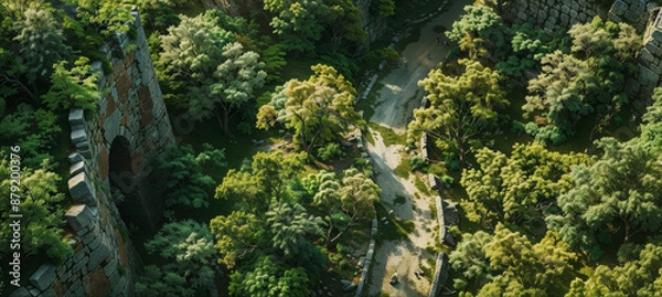 Fototapeta Aerial view of an ancient stone pathway surrounded by lush green trees and vegetation