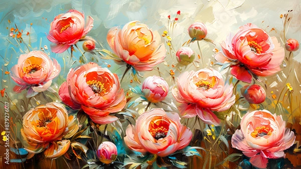 Fototapeta Oil painting of peony flowers on canvas. 