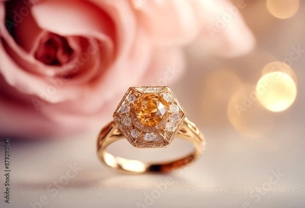 Fototapeta anniversary red golden rose and luxury dding silver jewellery ring flower diamond