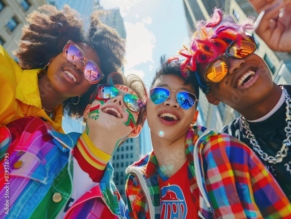 Fototapeta group of young LGBTQ teen mix gender ethnicity lively active together fun laugh smiling joyful cheerful, colorful people rainbow theme, fashionable hair style with sunglasses.