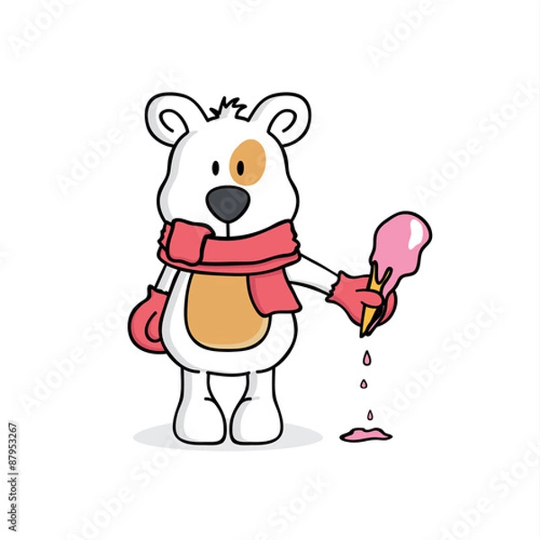 Fototapeta Winter bear with scarf and gloves holding ice cream