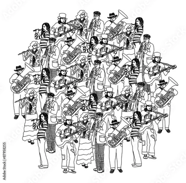 Fototapeta Big group musicians band orchestra monochrome