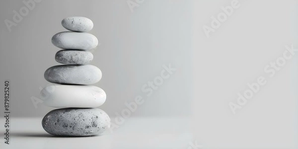 Fototapeta Tranquil and Balanced Minimalistic Stone Zen Composition on Gray-White Background. Concept Zen Photography, Minimalistic Composition, Serene Style, Balanced Elements, Monochromatic Palette,