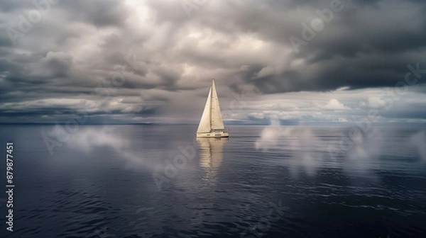 Fototapeta Sailboat is sailing on a calm sea reflecting the dramatic cloudy sky, creating a peaceful and serene atmosphere