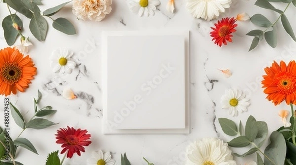 Fototapeta Floral assortment for springtime with empty white frame concept of seasonal beauty focus on blooming flowers vibrant overlay garden setting, focus cover all object