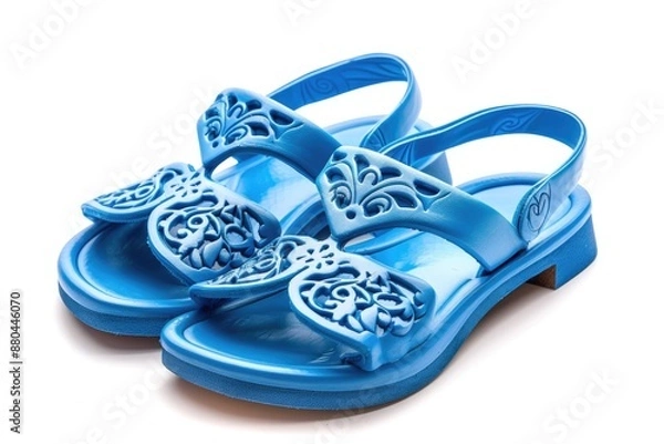 Fototapeta A close-up view of a pair of blue sandals