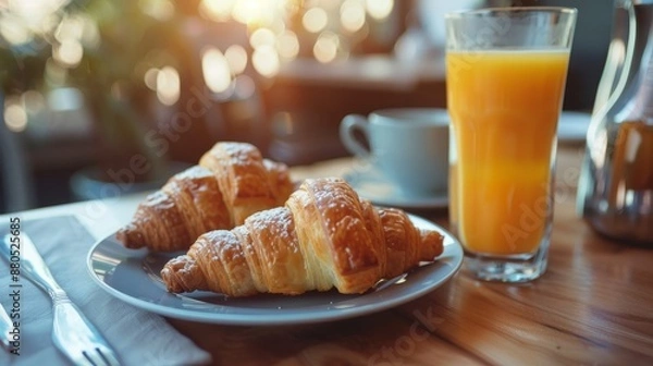 Fototapeta Fresh croissants, orange juice, and coffee, continental breakfast.