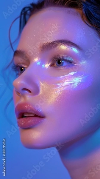 Fototapeta Woman illuminated by blue light