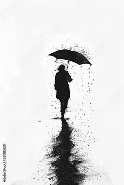 Fototapeta A black and white sketch of a person walking in the rain with an umbrella