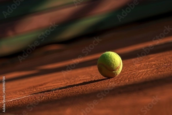 Fototapeta Close-up of tennis ball on clay court with sunlight and shadows