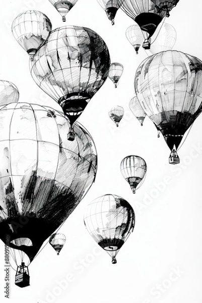 Fototapeta A black and white sketch of a hot air balloon festival