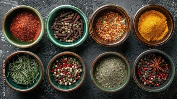 Fototapeta Exotic spices and powders in small ceramic dishes