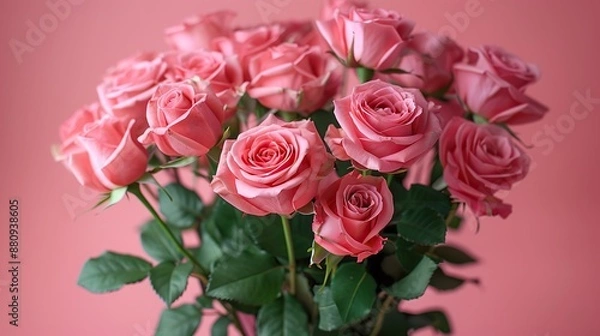 Fototapeta bouquet of roses on a pink background flat lay view from above