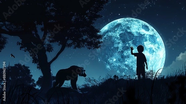 Fototapeta silhouette in the moonlight, kid from behind waving goodbye to a baboon in the far distance ,using realistic fantasy illustration 