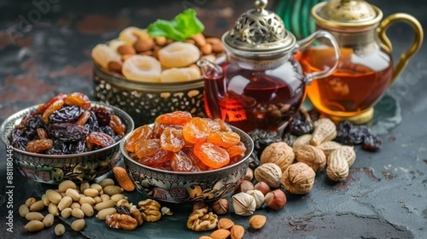 Fototapeta Traditional Arabic tea with bowls of dried fruits and nuts, featuring dried apricots, dates, prunes, raisins, almonds, walnuts, and pistachios, on dark background with ornate metal teapots and cups