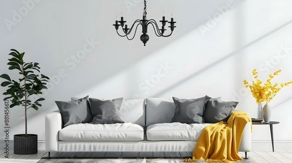 Fototapeta Scandinavian sofa with pillows and dark yellow blanket