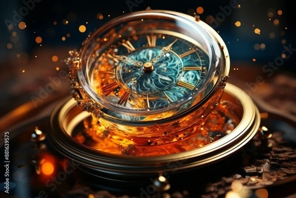 Fototapeta Futuristic clock with fractal dial in digital nebula, glowing snail crawling across surface