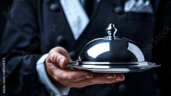 Fototapeta hand of waiter or chef holding a metal domed tray Isolated