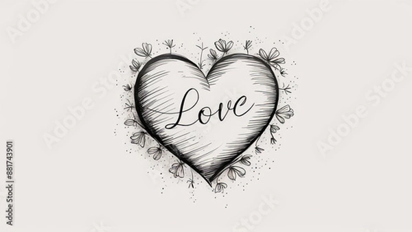 Fototapeta Hand-Drawn Heart with "Love" Text and Floral Elements in Black and White Sketch Art Style