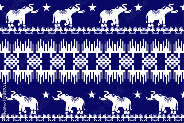 Fototapeta Geometric,seamless, traditional ethnic,thai, fabric pattern for textiles, rugs, wallpaper, clothing, sarong, batik, wrapping, embroidery, print, background, cover, illustration, vector,elephants,blue.