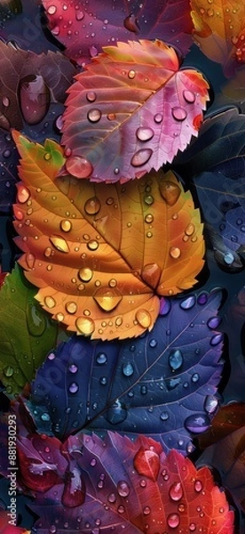 Fototapeta Vibrant Close-Up of Colorful Leaves Adorned with Sparkling Water Droplets, Nature's Beauty Captured in Dewy Foliage