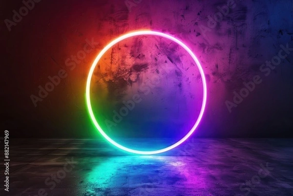 Fototapeta Neon rainbow color circle on a dark background. Mockup for logo