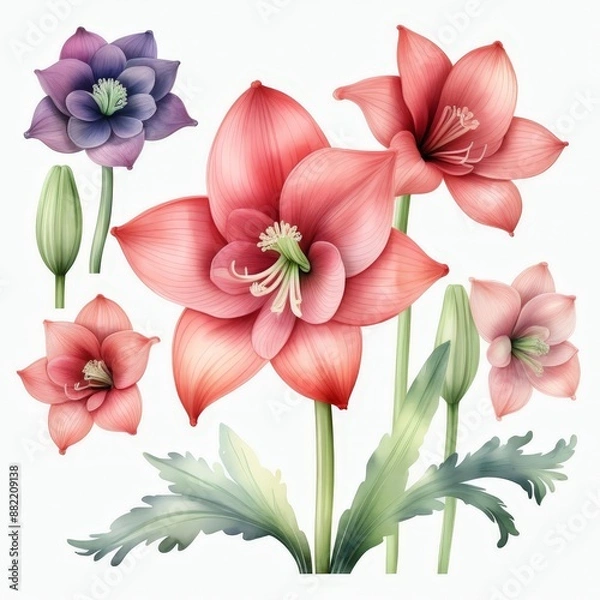 Fototapeta Amaryllis Flowers Watercolor Illustration.