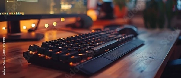 Fototapeta Modern Gaming Keyboard on Wooden Desk with Warm Ambient Lighting