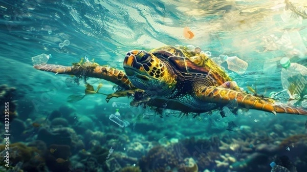 Fototapeta The sea turtle amid pollution