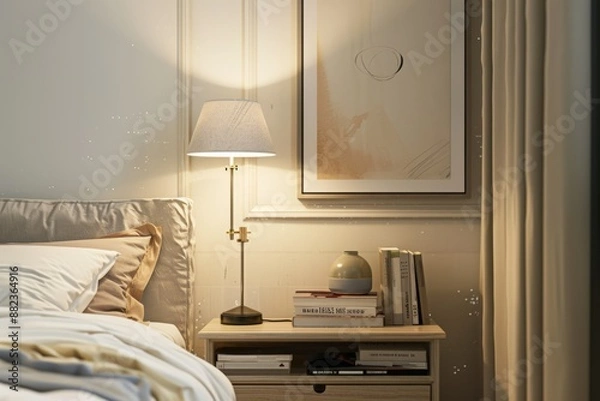 Fototapeta A bedside table with a lamp, books, and a vase sits next to a bed with a white comforter