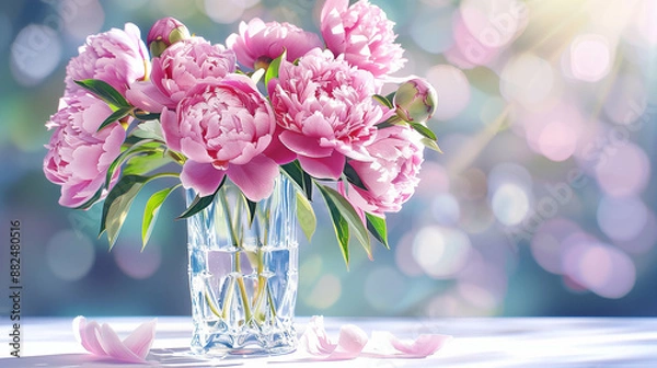 Obraz Vintage Floral Art with Damask Pink Peonies in Crystal Vase. Elegant Home Decor Showcase