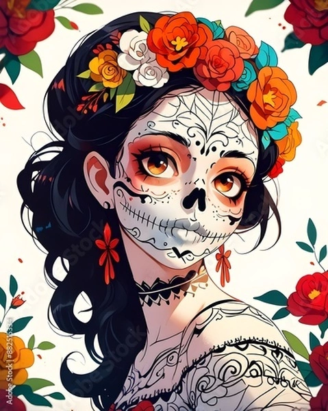 Fototapeta Day of the Dead. Woman with skull face Illustration. Generative AI.