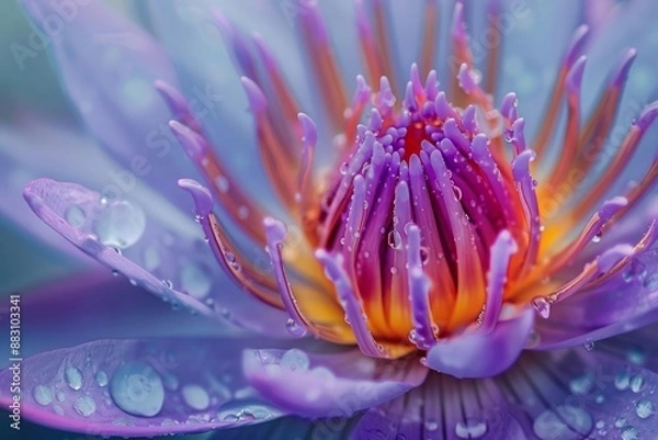 Fototapeta Water lily highlighting the details of its stamens and abstract reflections in the water droplets