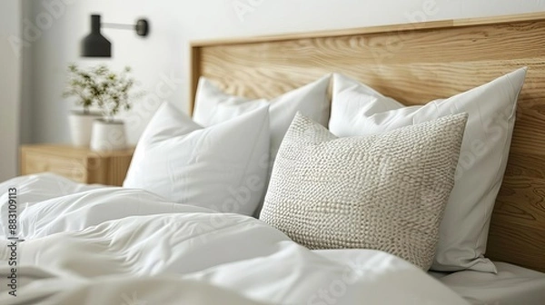 Fototapeta Closeup of a sleek IKEA bed headboard with a natural wood frame, white background, 3D rendering