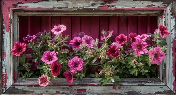 Fototapeta Vibrant Pink Flowers in Old Window Frame