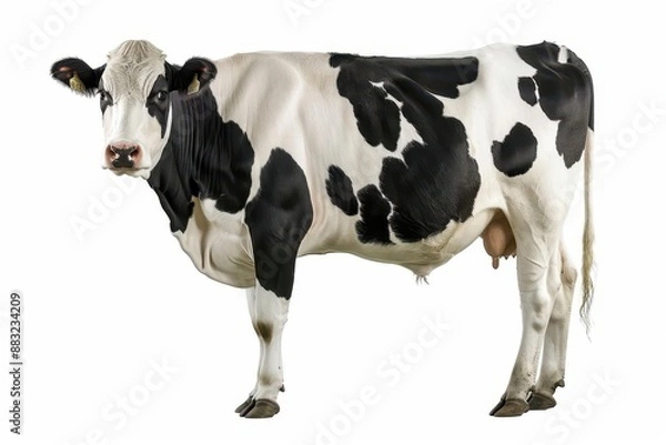 Fototapeta majestic holstein cow isolated on a pure white background highly detailed rendering captures the animals distinctive black and white markings conveying strength and agricultural significance