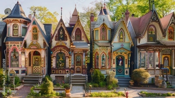 Fototapeta Suburban Victorian home with a series of small, stained glass windows, each telling a different story through its design and colors