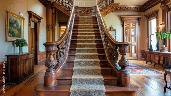 Fototapeta The ornate, carved staircase in the entry hall of a Suburban Victorian home, with each baluster featuring a different design, telling the story of the home's construction