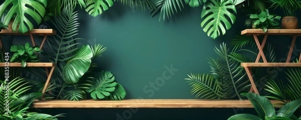 Fototapeta Lush green jungle-themed background with wooden shelves and tropical plants